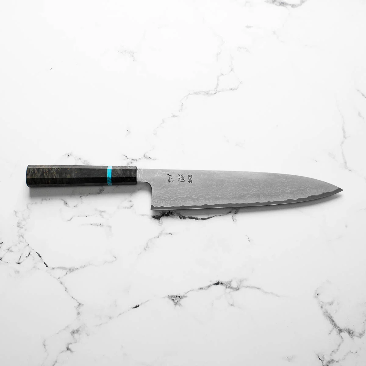Hatsukokoro Blue 1 Damascus Gyuto 240mm - Turquoise - Image 6
