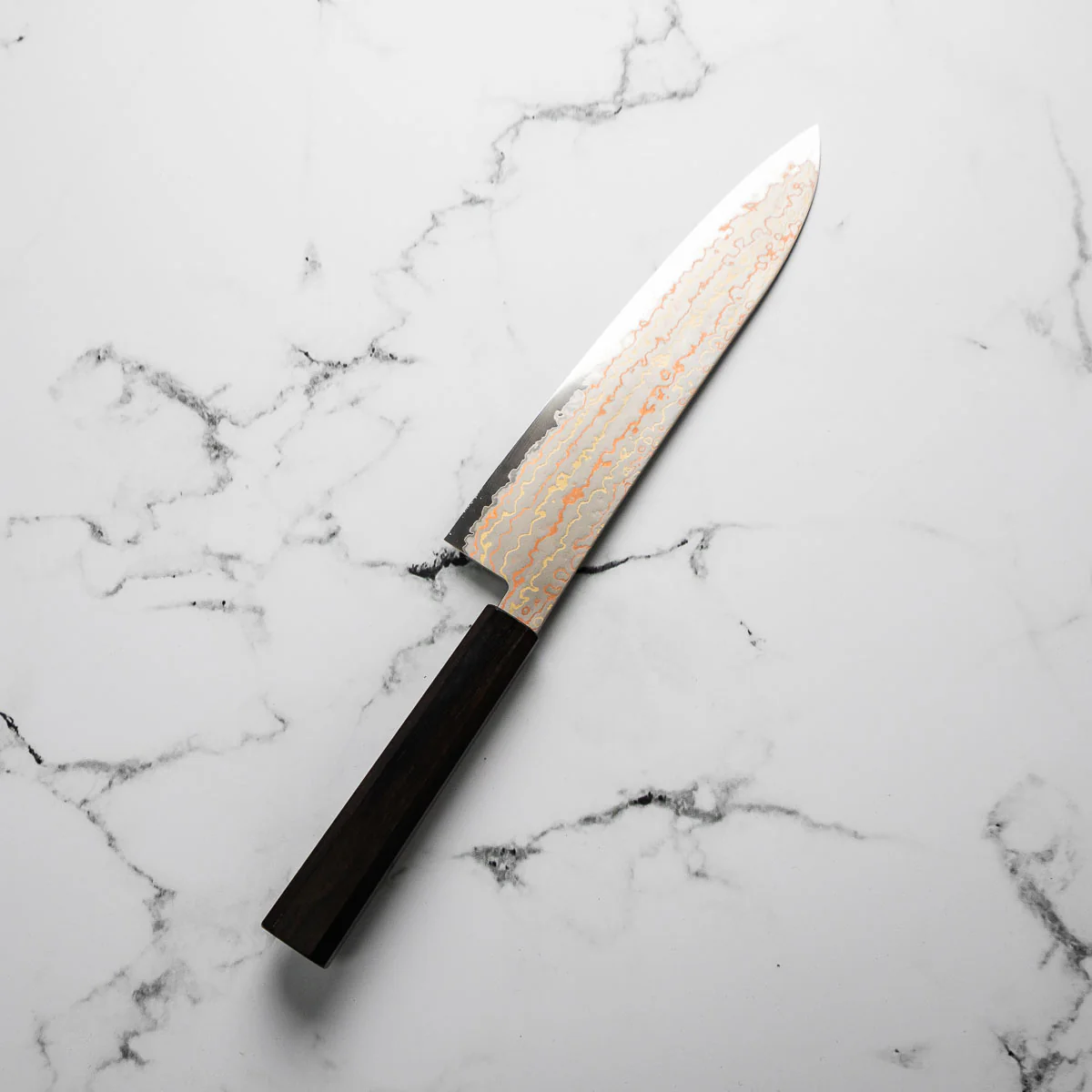 Hatsukokoro Hayabusa Blue 2 Rainbow Damascus Gyuto 210mm - Ebony - Image 3