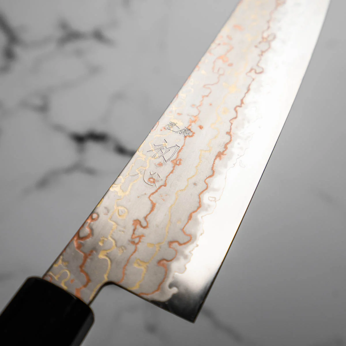 Hatsukokoro Hayabusa Blue 2 Rainbow Damascus Gyuto 210mm - Ebony - Image 5