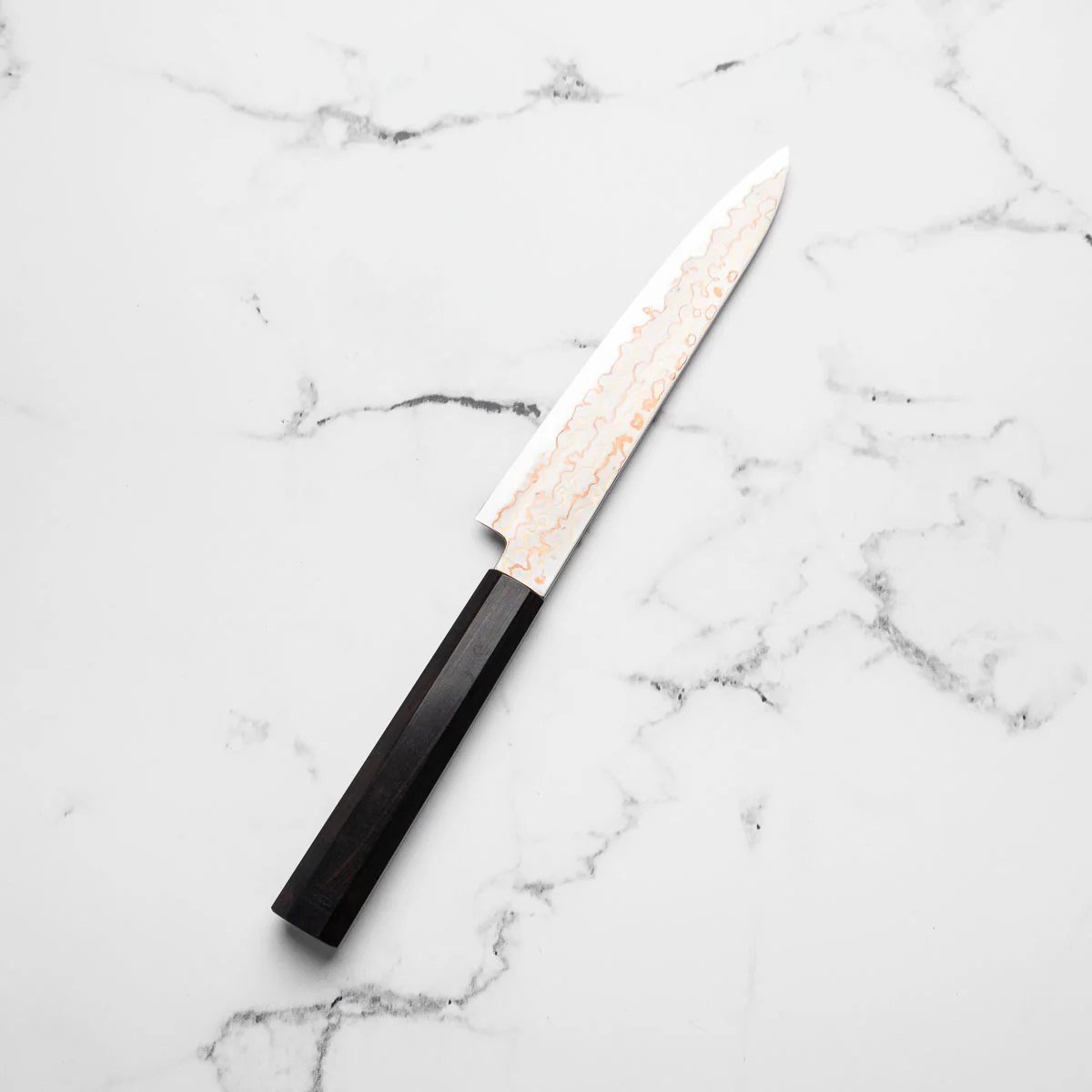 Hatsukokoro Hayabusa Blue 2 Rainbow Damascus Petty 150mm - Ebony - Image 2