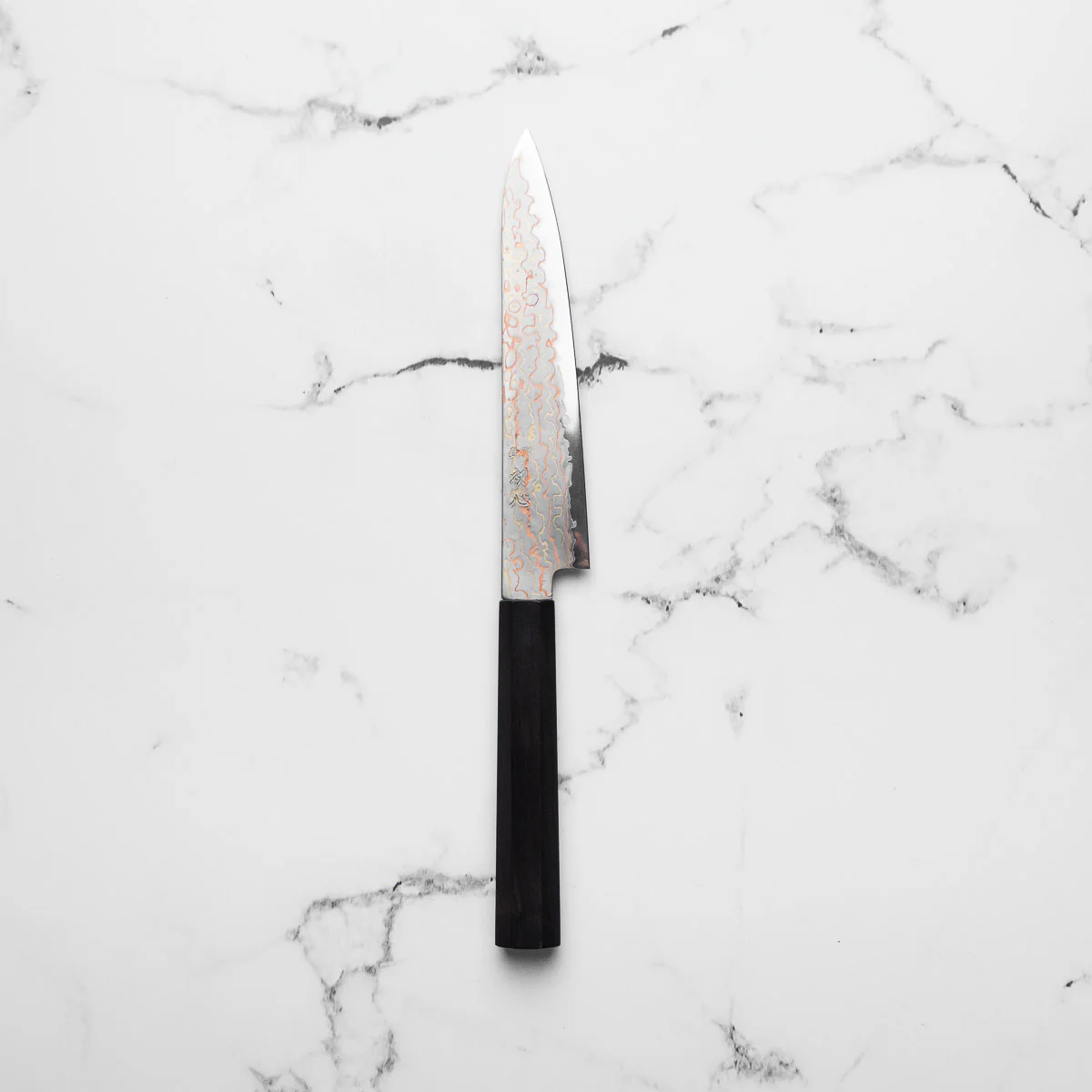 Hatsukokoro Hayabusa Blue 2 Rainbow Damascus Petty 150mm - Ebony - Image 3
