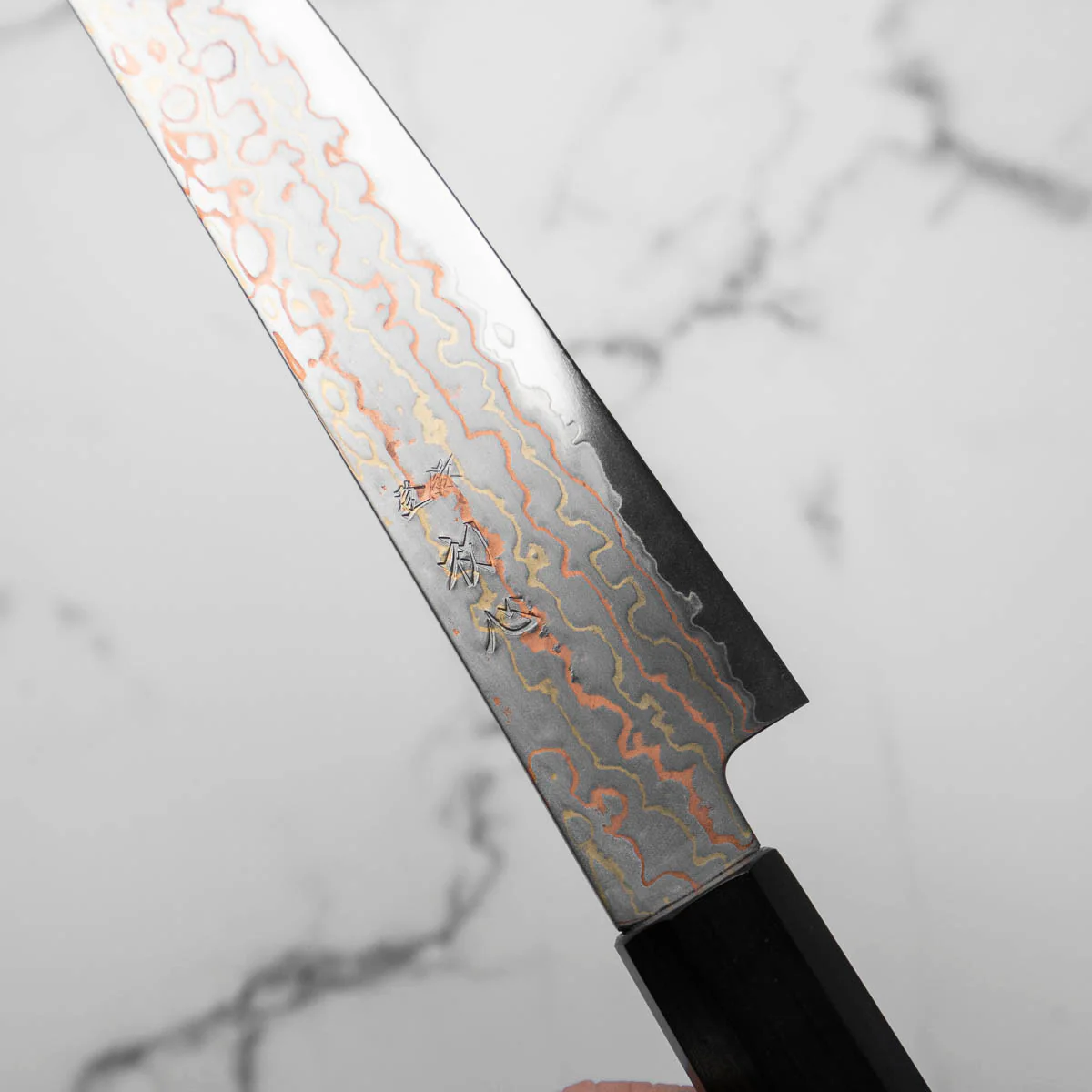 Hatsukokoro Hayabusa Blue 2 Rainbow Damascus Petty 150mm - Ebony - Image 5