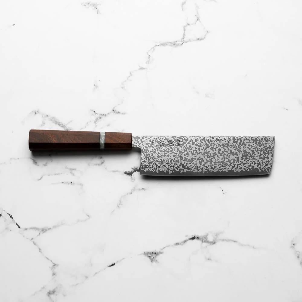 Hatsukokoro Hikari SLD Damascus Kurozome Nakiri 160mm - Sandalwood - Image 4