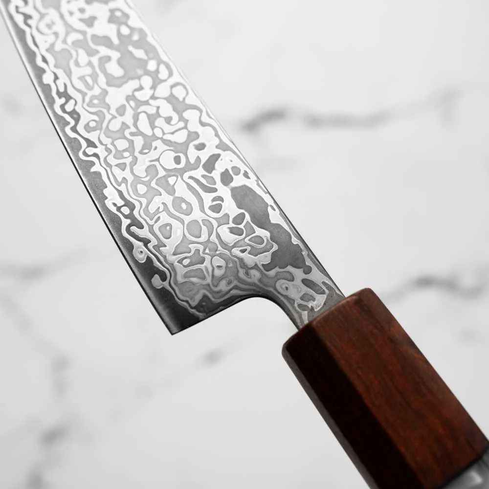Hatsukokoro Hikari SLD Damascus Kurozome Petty 130mm - Sandalwood - Image 6