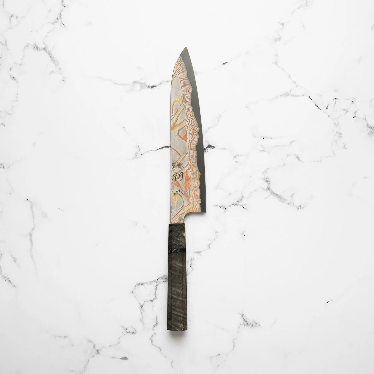 Hatsukokoro Irodori Blue 2 Rainbow Damascus Gyuto 240mm - Dark Maple - Image 3