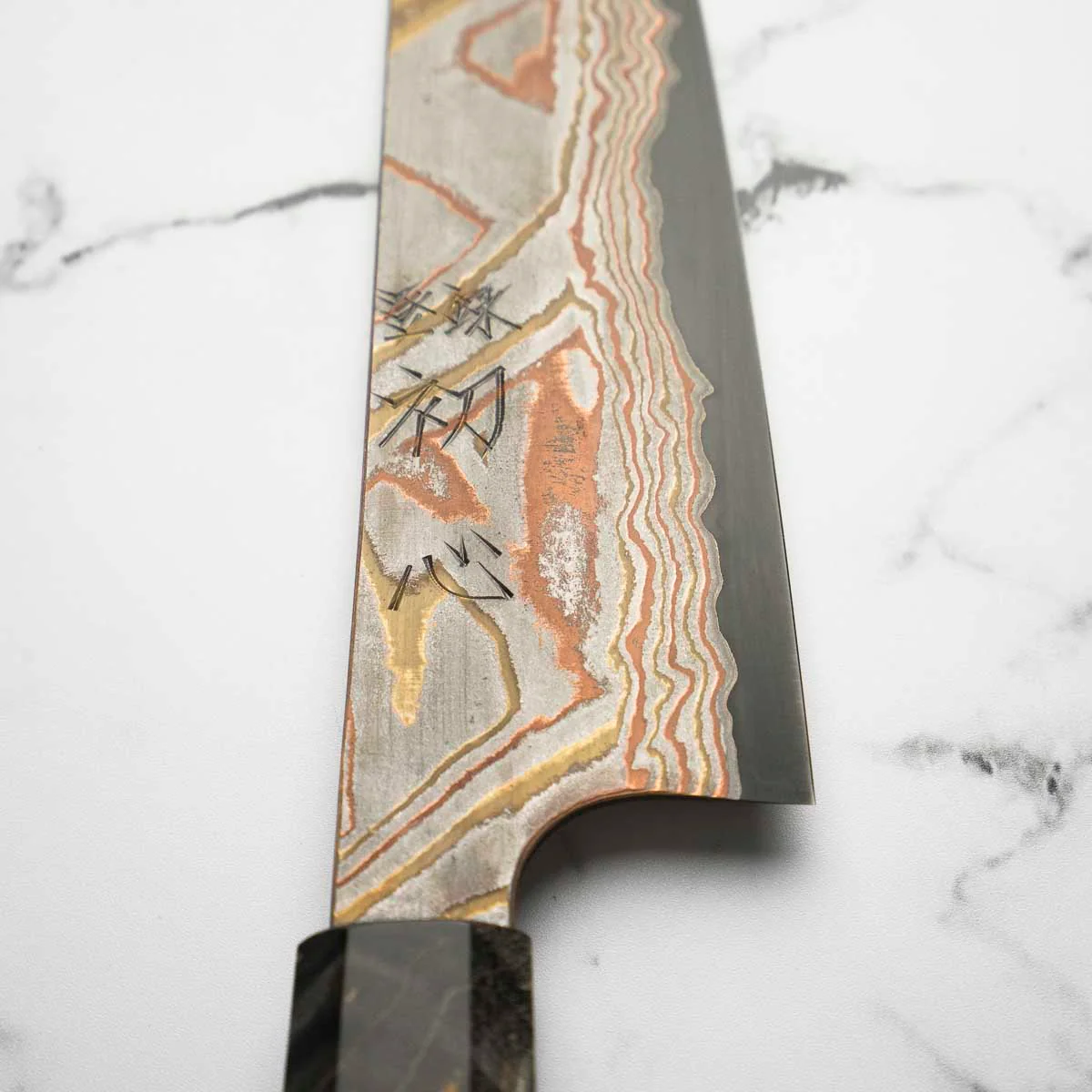 Hatsukokoro Irodori Blue 2 Rainbow Damascus Gyuto 240mm - Dark Maple - Image 4
