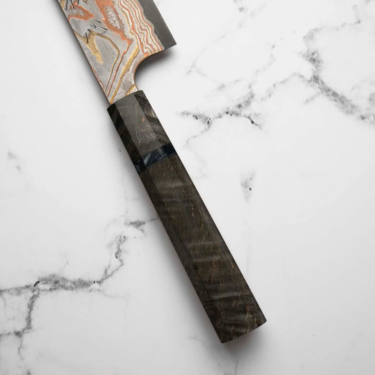 Hatsukokoro Irodori Blue 2 Rainbow Damascus Gyuto 240mm - Dark Maple - Image 5