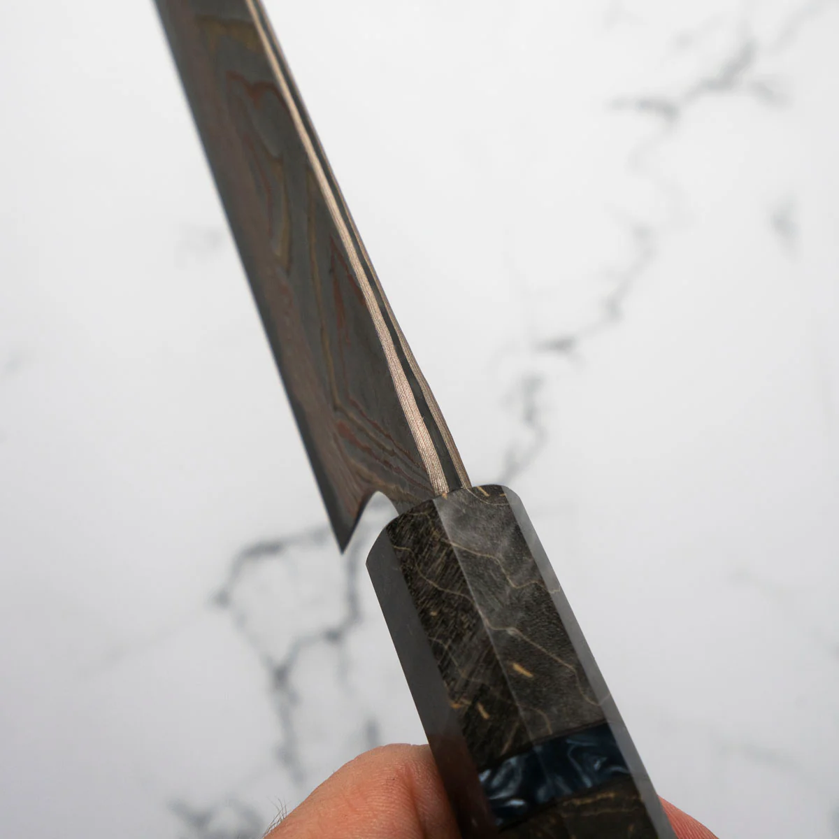 Hatsukokoro Irodori Blue 2 Rainbow Damascus Gyuto 240mm - Dark Maple - Image 6