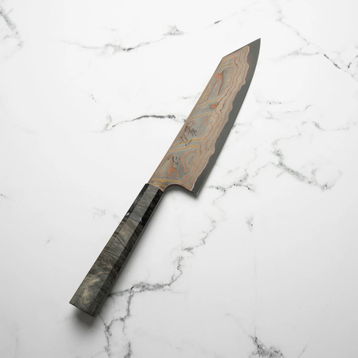 Hatsukokoro Irodori Blue 2 Rainbow Damascus Kiritsuke Gyuto 210mm - Dark Maple - Image 2