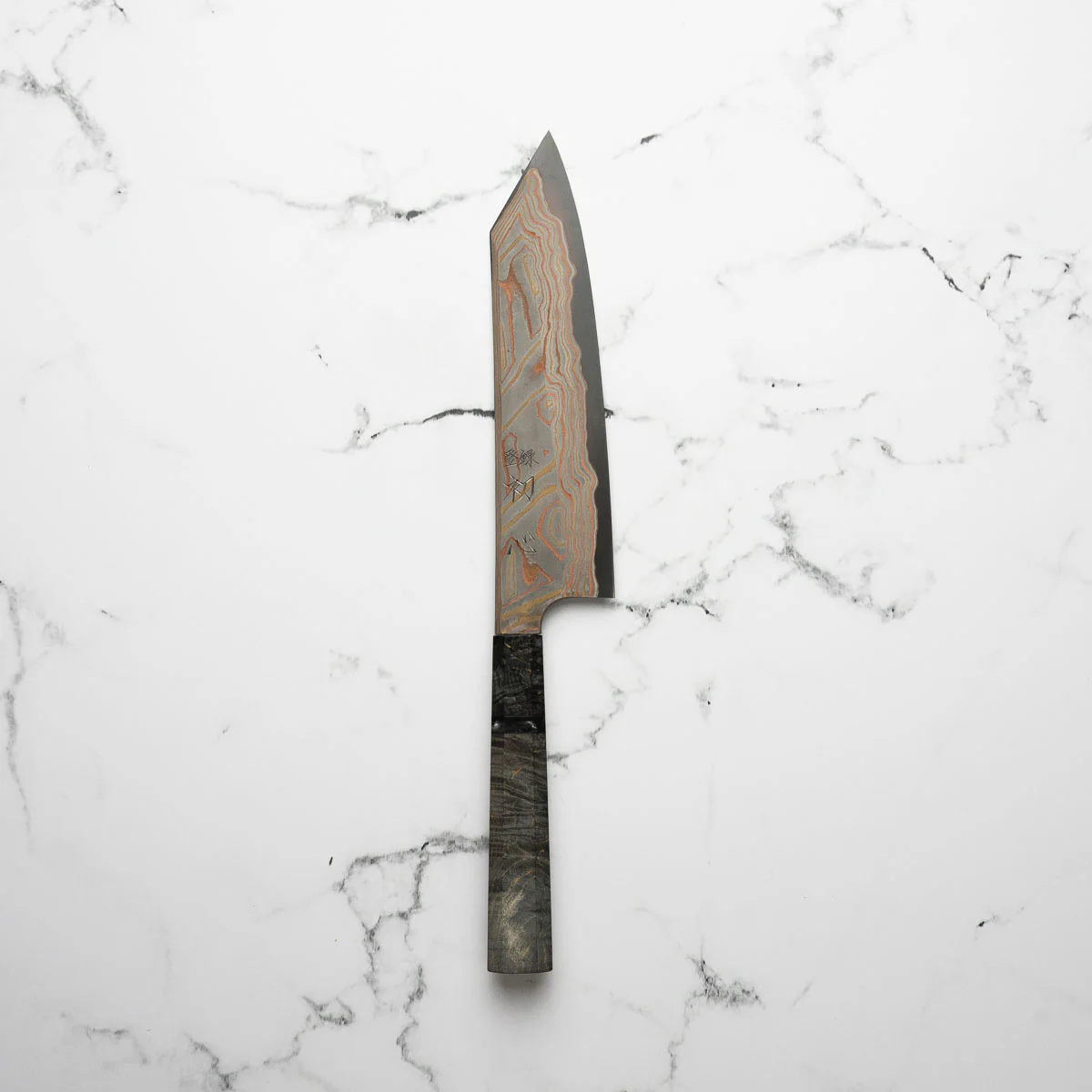 Hatsukokoro Irodori Blue 2 Rainbow Damascus Kiritsuke Gyuto 210mm - Dark Maple - Image 3