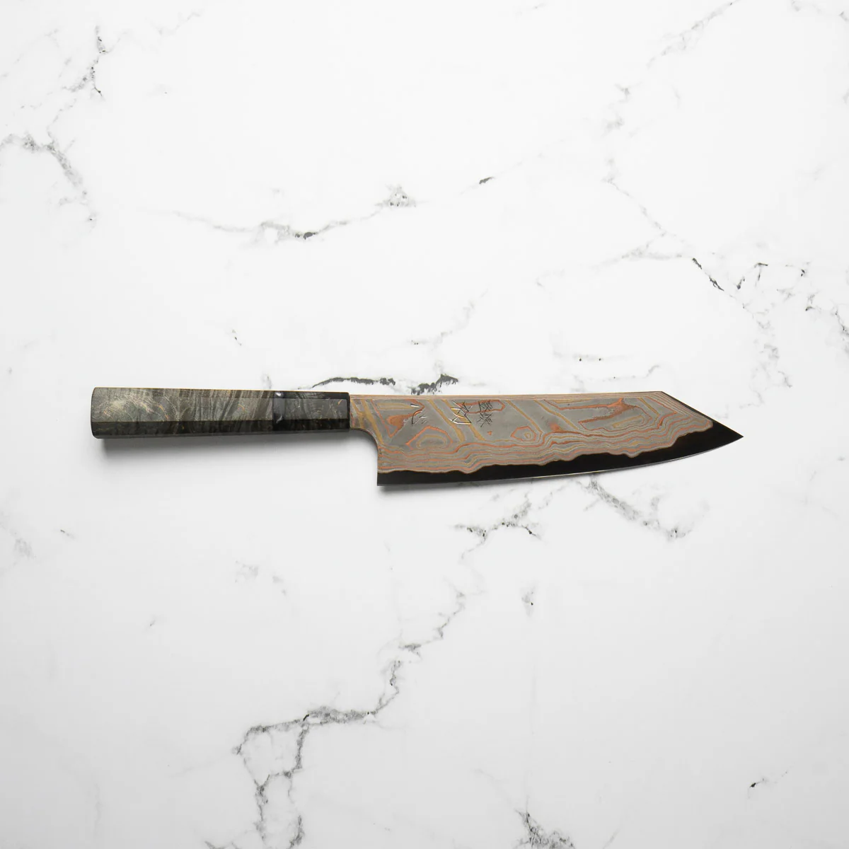 Hatsukokoro Irodori Blue 2 Rainbow Damascus Kiritsuke Gyuto 210mm - Dark Maple - Image 4