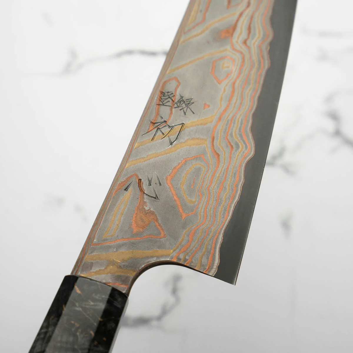 Hatsukokoro Irodori Blue 2 Rainbow Damascus Kiritsuke Gyuto 210mm - Dark Maple - Image 5