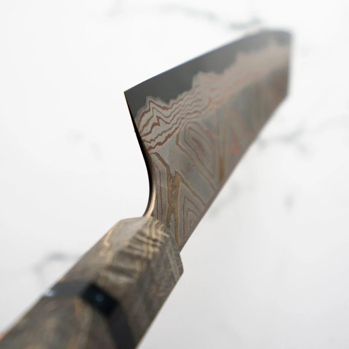 Hatsukokoro Irodori Blue 2 Rainbow Damascus Kiritsuke Gyuto 240mm - Dark Maple - Image 10