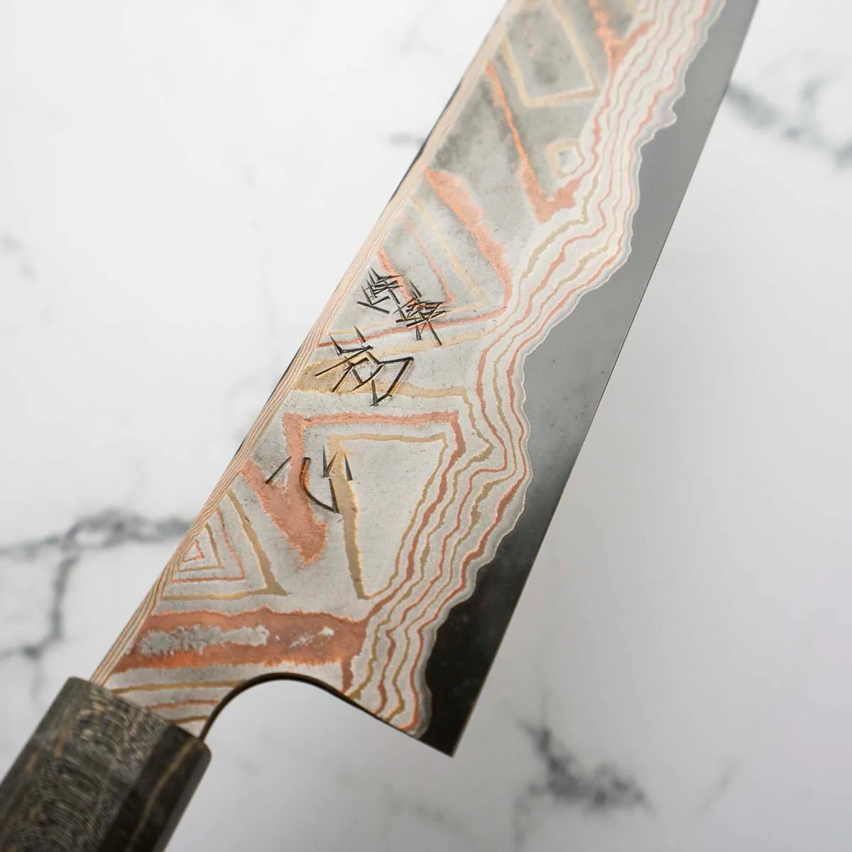 Hatsukokoro Irodori Blue 2 Rainbow Damascus Kiritsuke Gyuto 240mm - Dark Maple - Image 3