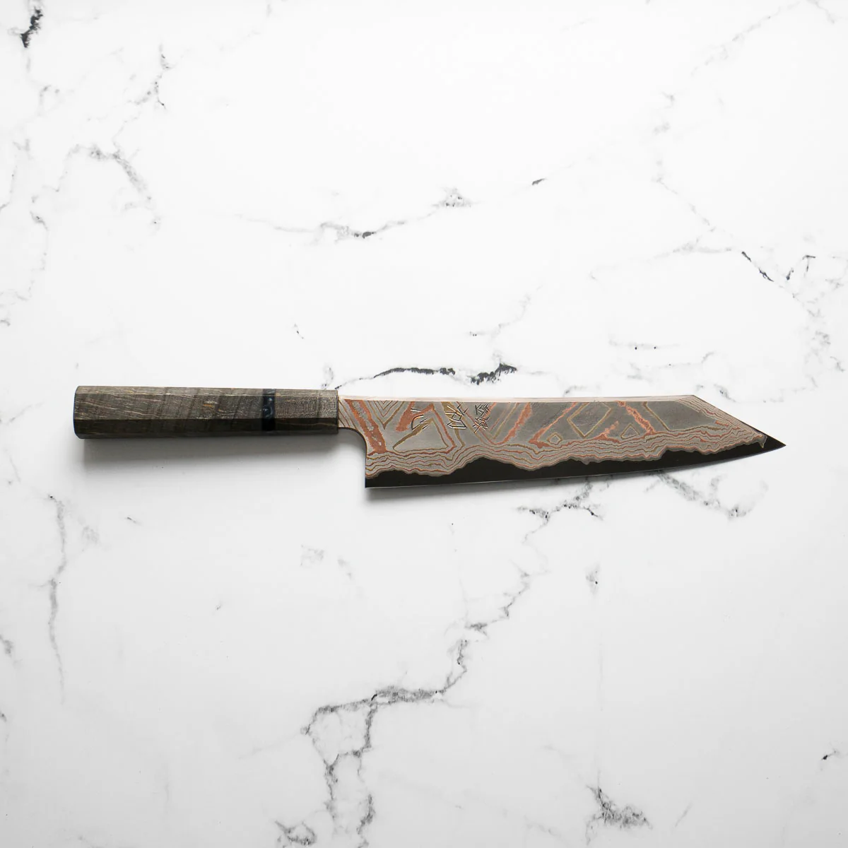 Hatsukokoro Irodori Blue 2 Rainbow Damascus Kiritsuke Gyuto 240mm - Dark Maple - Image 4