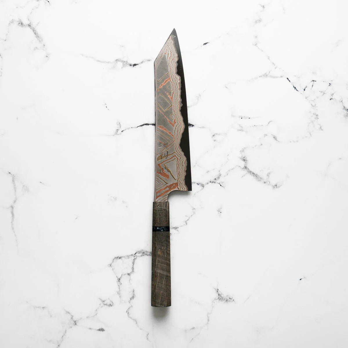 Hatsukokoro Irodori Blue 2 Rainbow Damascus Kiritsuke Gyuto 240mm - Dark Maple - Image 5