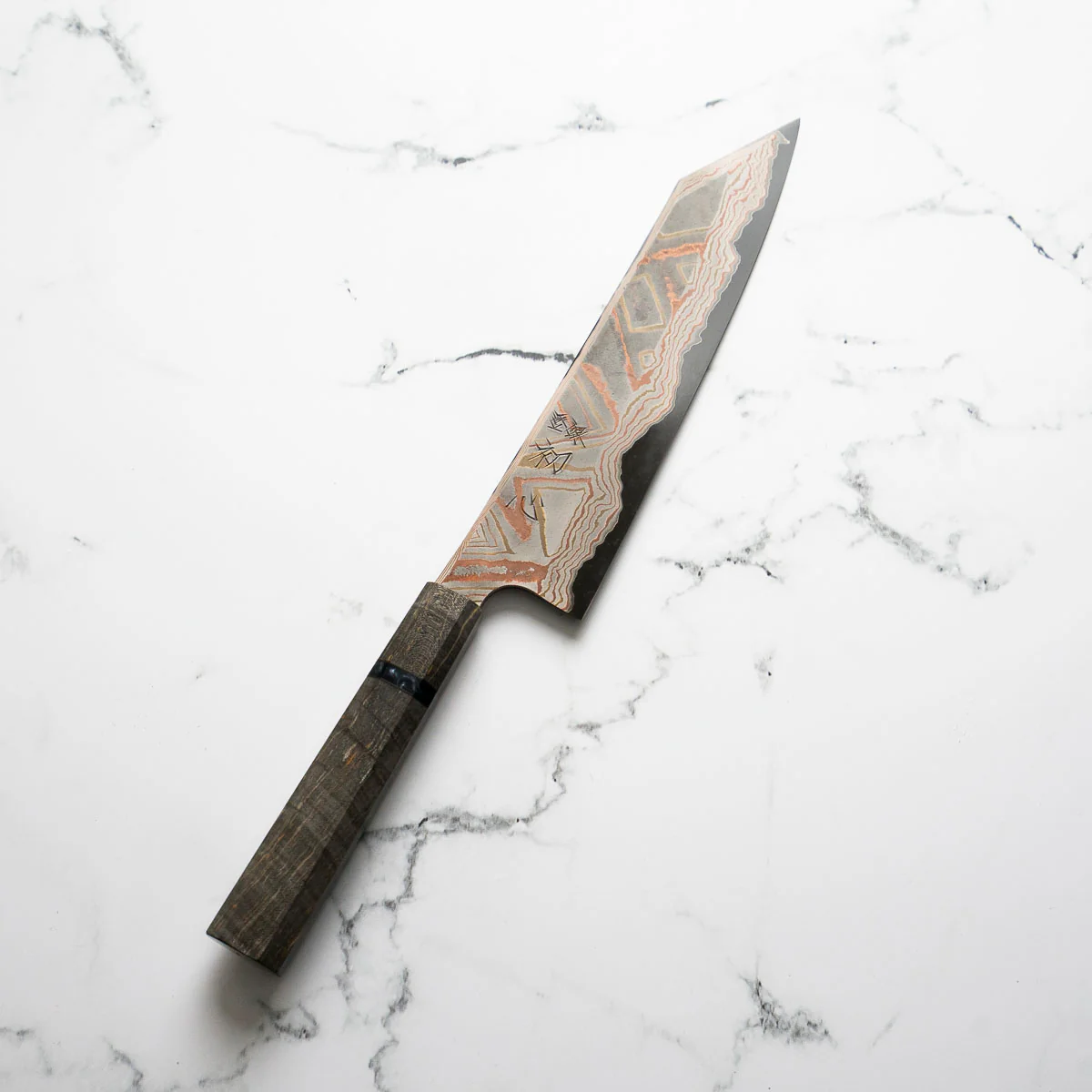 Hatsukokoro Irodori Blue 2 Rainbow Damascus Kiritsuke Gyuto 240mm - Dark Maple - Image 6