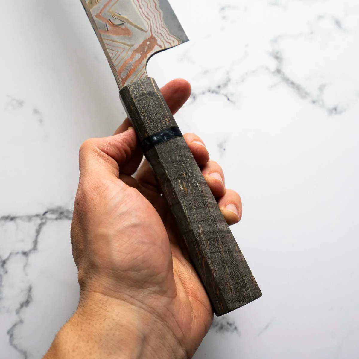 Hatsukokoro Irodori Blue 2 Rainbow Damascus Kiritsuke Gyuto 240mm - Dark Maple - Image 9