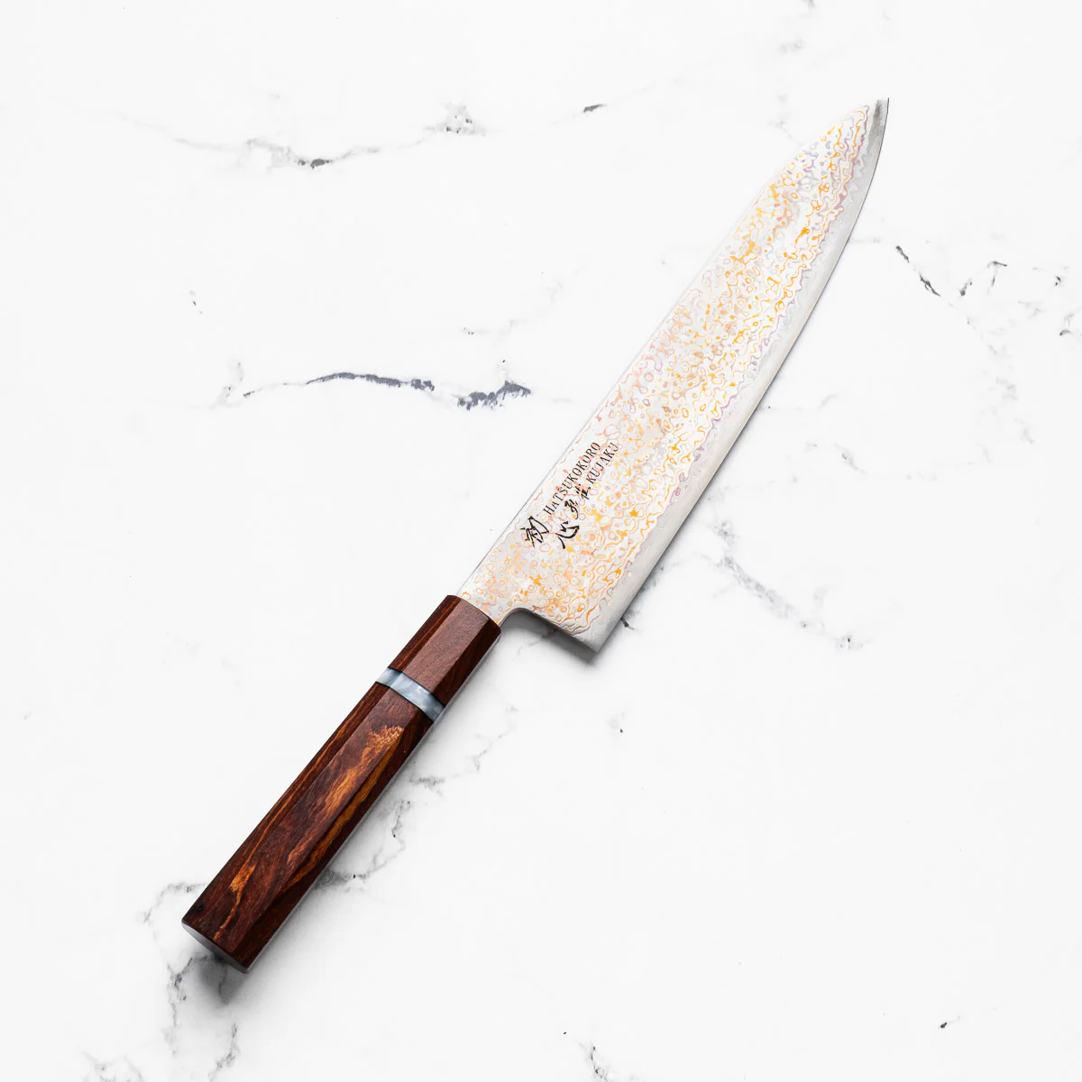 Hatsukokoro Kujaku V-Toku 2 Rainbow Damascus Gyuto 210mm - Sandalwood - Image 2