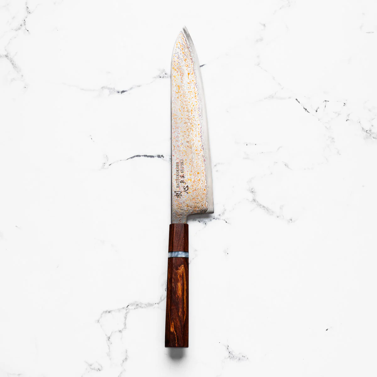 Hatsukokoro Kujaku V-Toku 2 Rainbow Damascus Gyuto 210mm - Sandalwood - Image 3