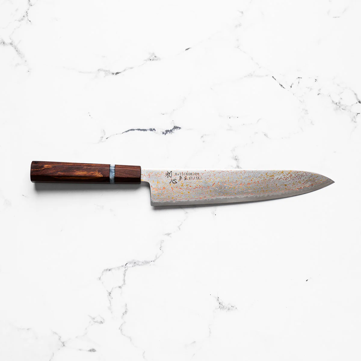 Hatsukokoro Kujaku V-Toku 2 Rainbow Damascus Gyuto 210mm - Sandalwood - Image 4