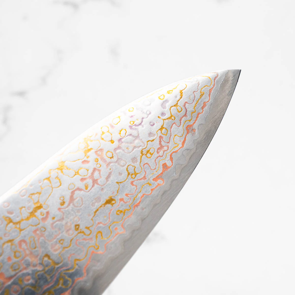 Hatsukokoro Kujaku V-Toku 2 Rainbow Damascus Gyuto 210mm - Sandalwood - Image 7