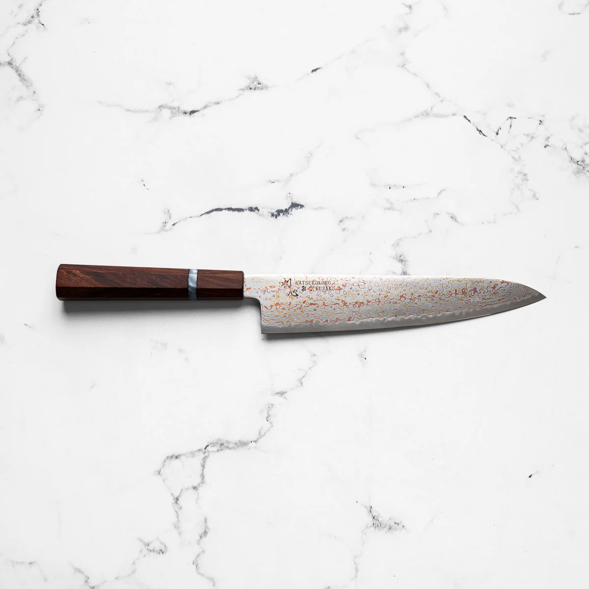 Hatsukokoro Kujaku V-Toku 2 Rainbow Damascus Gyuto 240mm - Sandalwood - Image 4