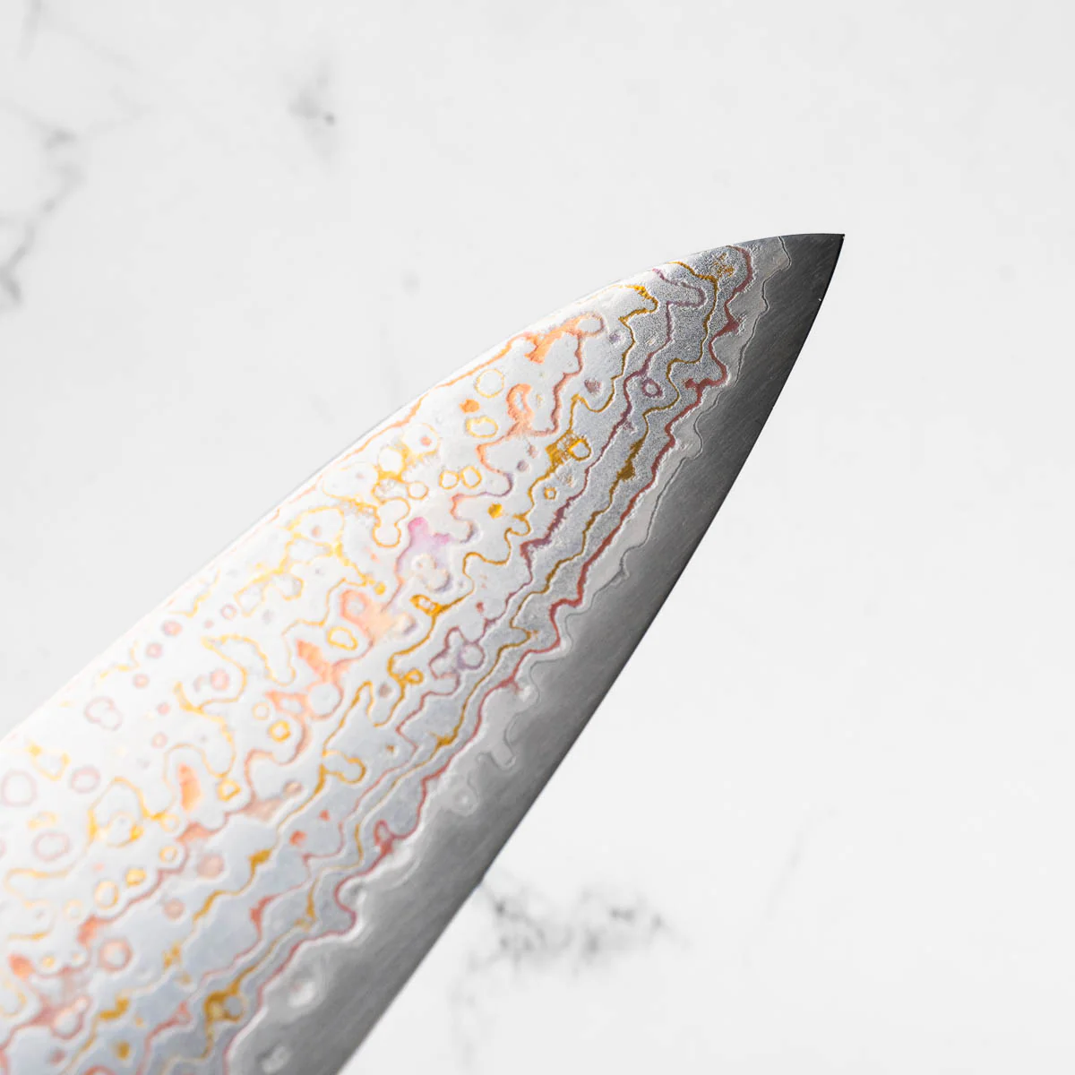Hatsukokoro Kujaku V-Toku 2 Rainbow Damascus Gyuto 240mm - Sandalwood - Image 7