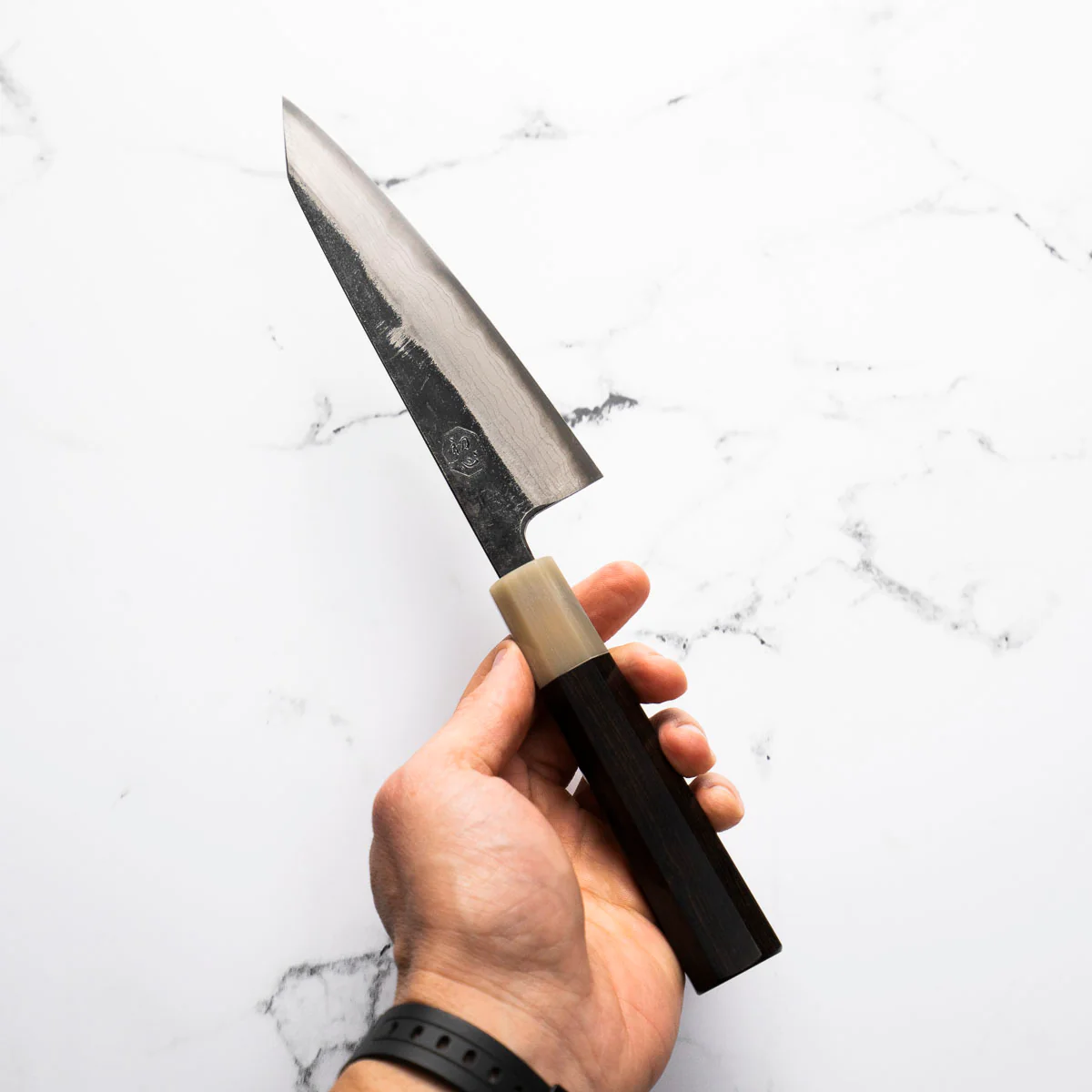 Hatsukokoro Kumokage Blue 2 Kurouchi Damascus Honesuki 150mm - Ebony & Blonde - Image 2
