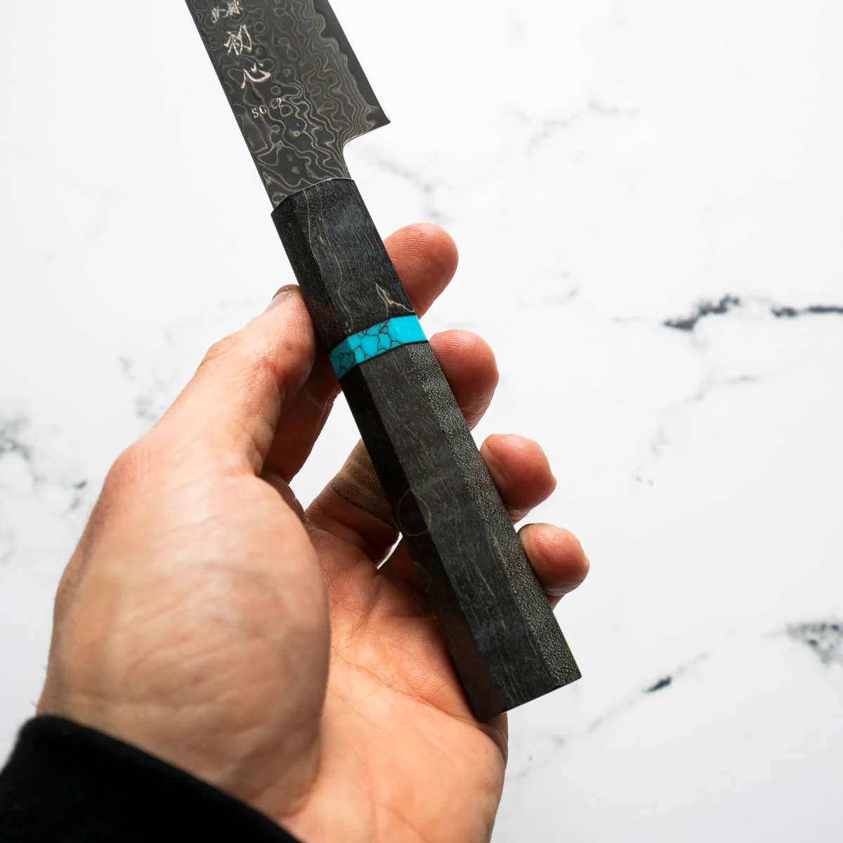Hatsukokoro Ryuhyo Kurozome SG2 Damascus Petty 150mm - Maple Turquoise - Image 7