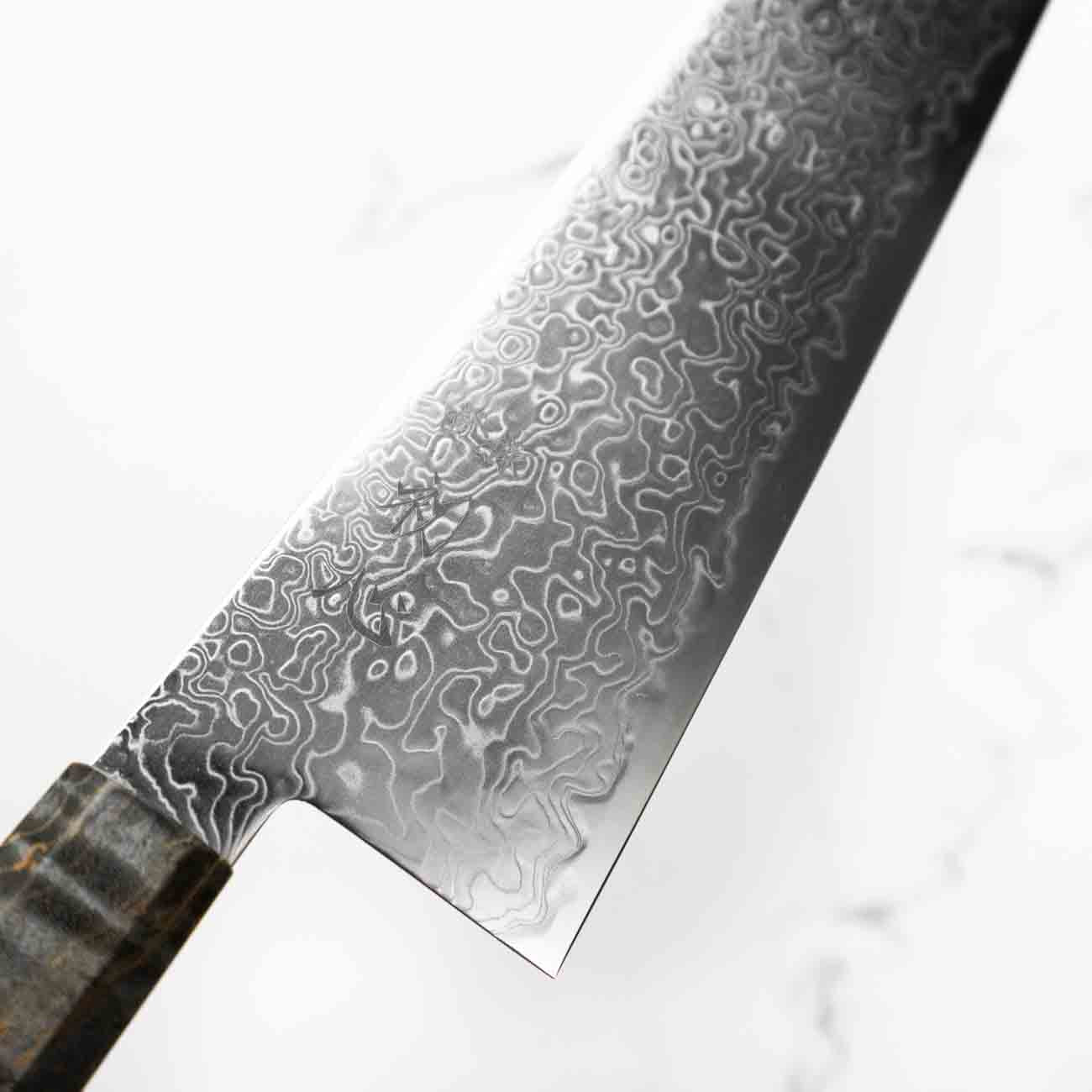 Hatsukokoro Ryuhyo SG2 Damascus Kiritsuke Gyuto 240mm - Dark Maple - Image 5