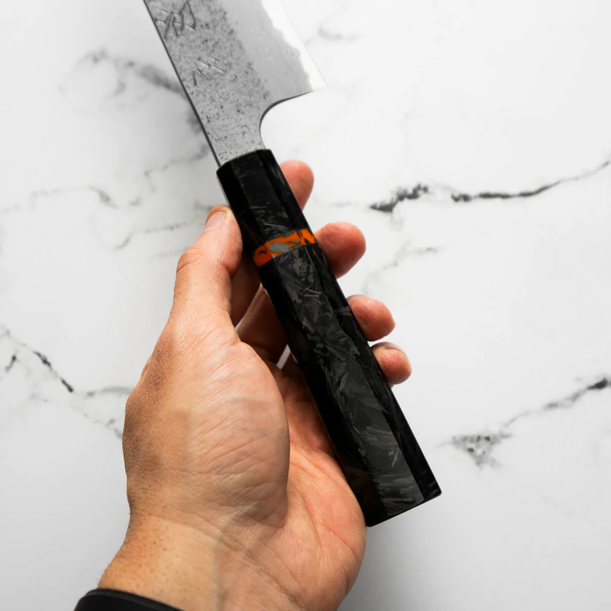 Hatsukokoro Ryusui Blue 2 Damascus Gyuto 210mm - Carbon Fibre - Image 10