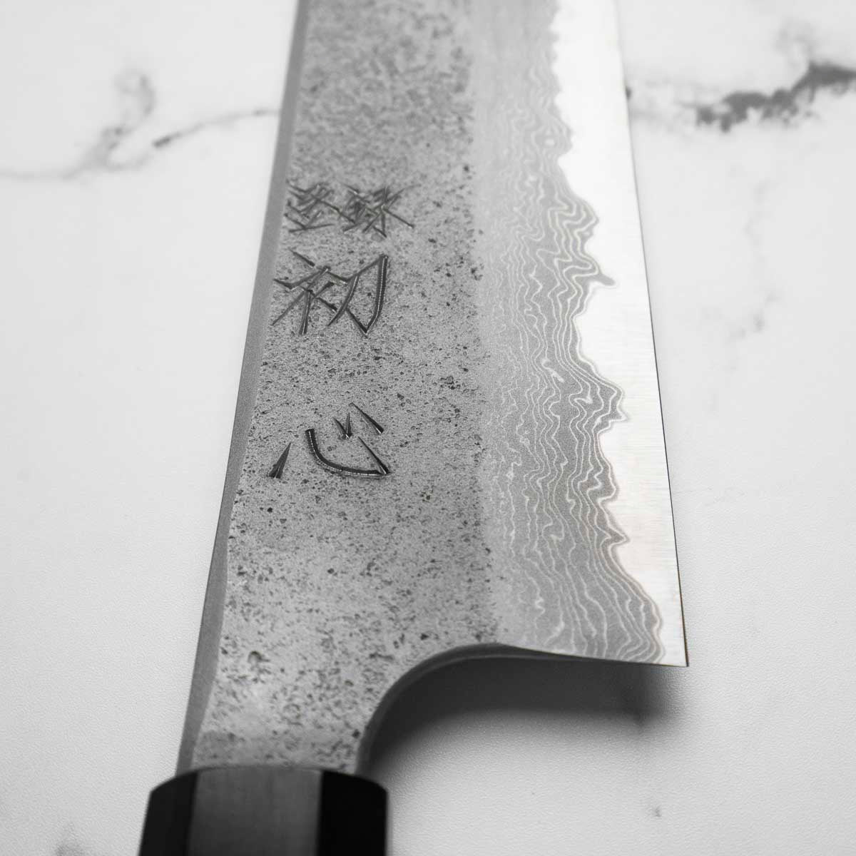Hatsukokoro Ryusui Blue 2 Damascus Kiritsuke Gyuto 240mm - Ebony - Image 4