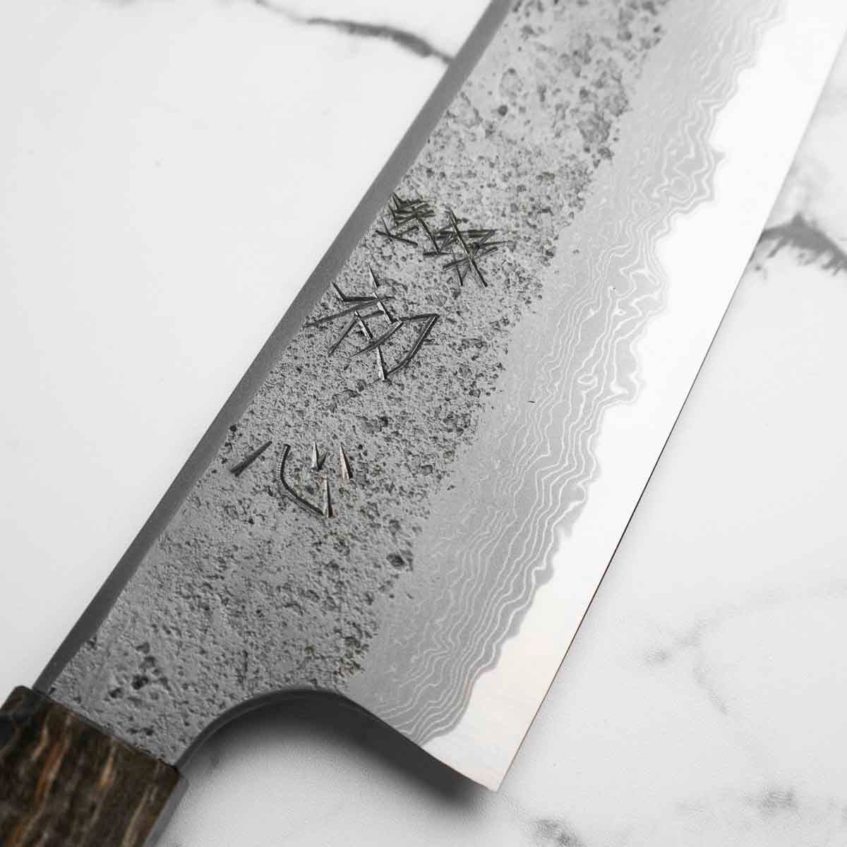 Hatsukokoro Ryusui Blue 2 Damascus Kiritsuke Gyuto 210mm - Dark Maple - Image 4