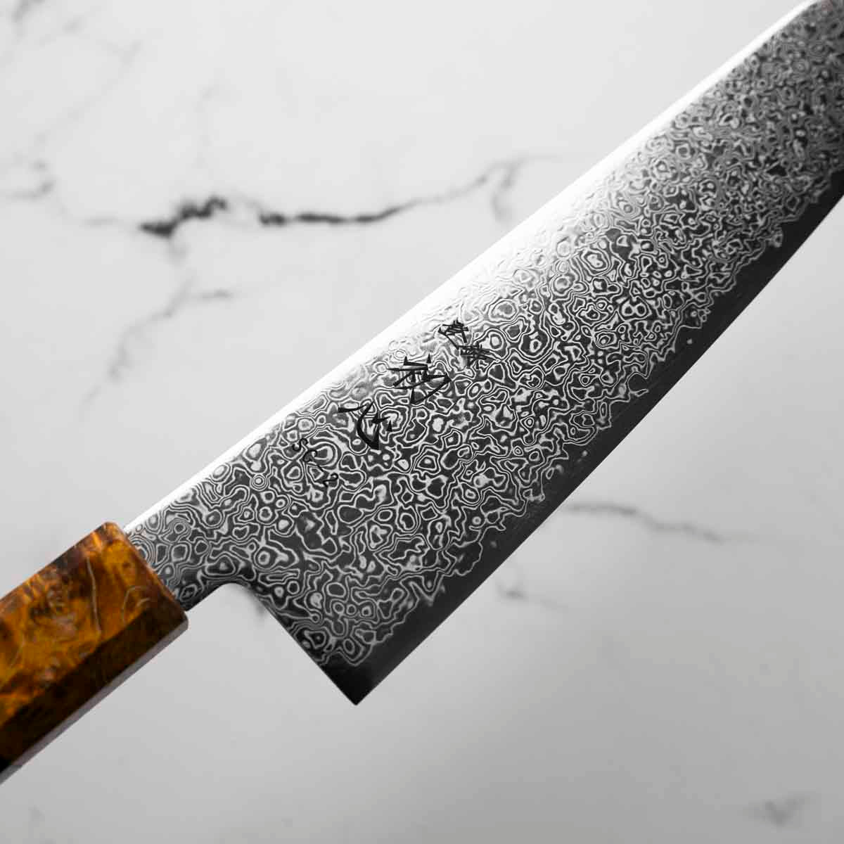 Hatsukokoro Saihyo SG2 Damascus Kiritsuke Gyuto 210mm - Golden Birch - Image 5