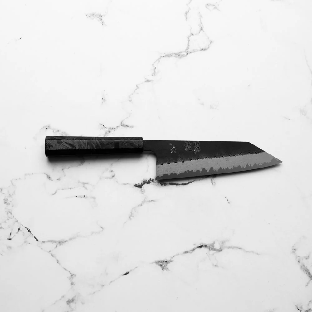 Hatsukokoro Shinkiro Blue Super Damascus Kurouchi Bunka 165mm - Dark Carbon Fibre - Image 4
