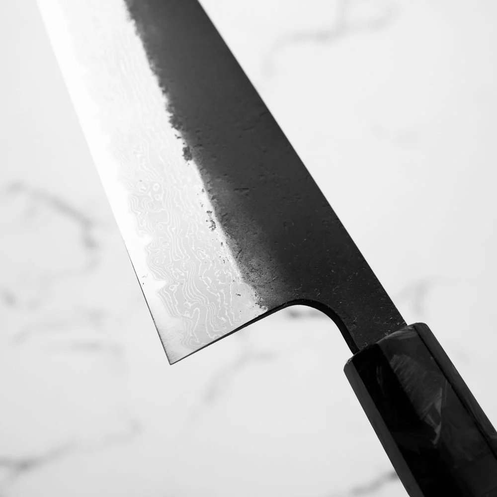Hatsukokoro Shinkiro Blue Super Damascus Kurouchi Bunka 165mm - Dark Carbon Fibre - Image 6