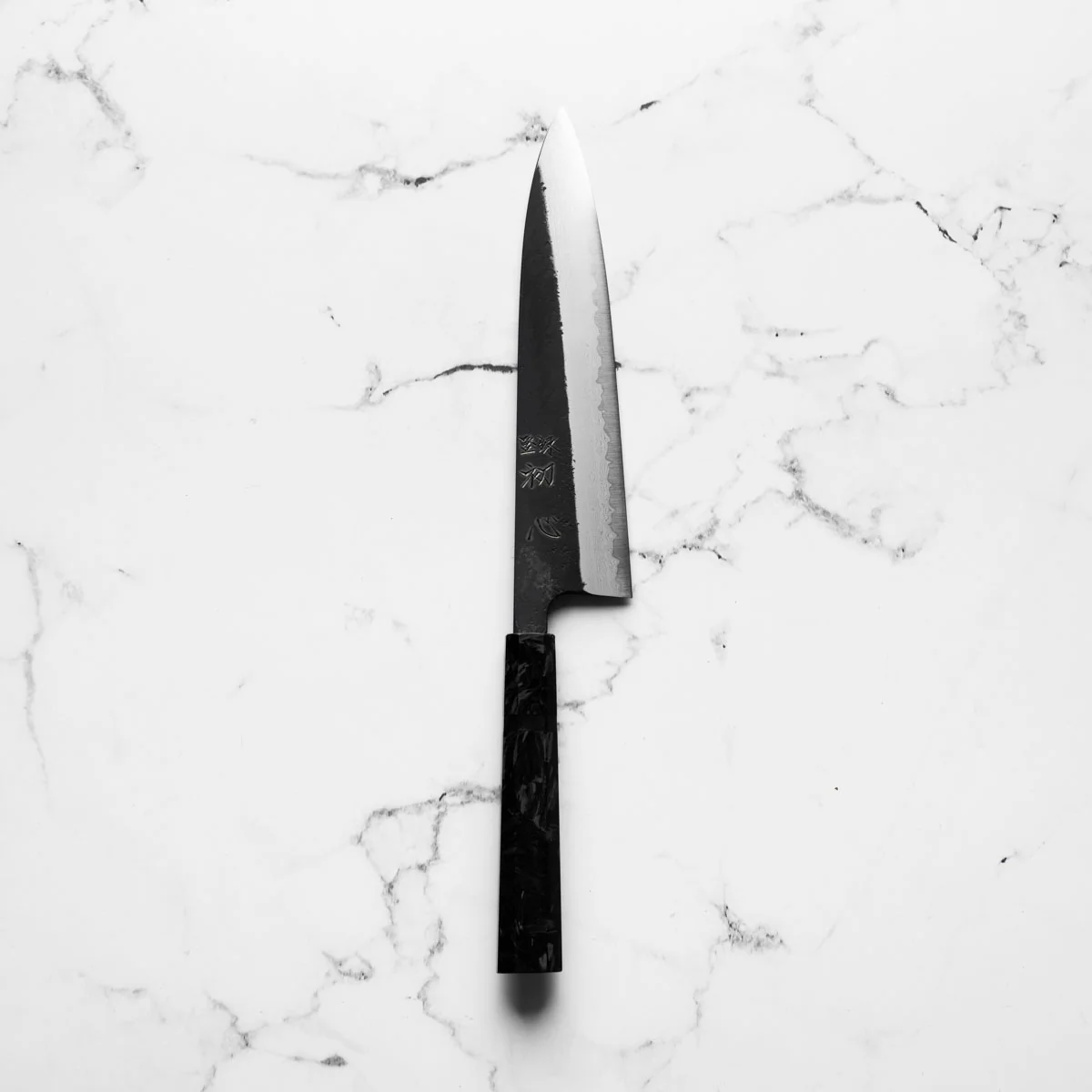 Hatsukokoro Shinkiro Blue Super Damascus Kurouchi Gyuto 210mm - Dark Carbon Fibre - Image 3