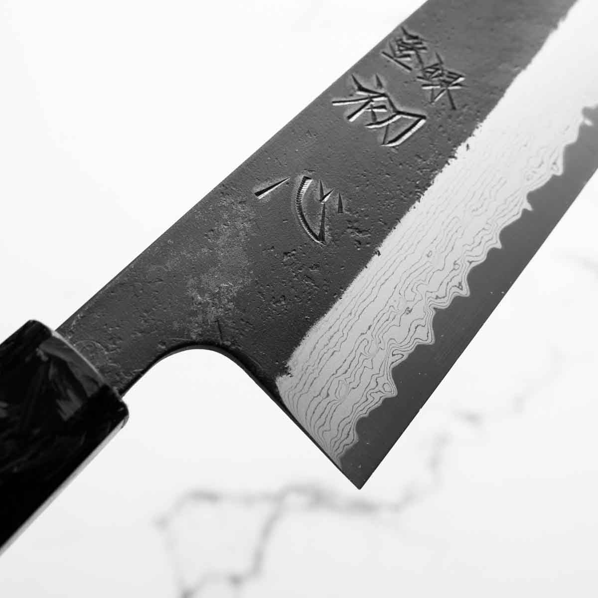 Hatsukokoro Shinkiro Blue Super Damascus Kurouchi Gyuto 210mm - Dark Carbon Fibre - Image 4