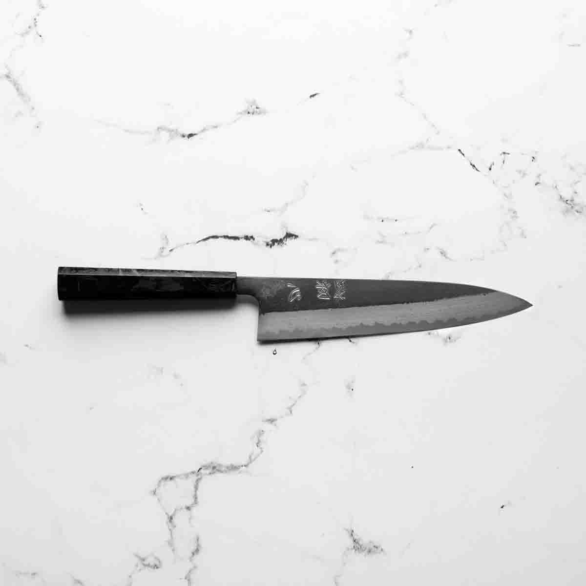 Hatsukokoro Shinkiro Blue Super Damascus Kurouchi Gyuto 210mm - Dark Carbon Fibre - Image 8