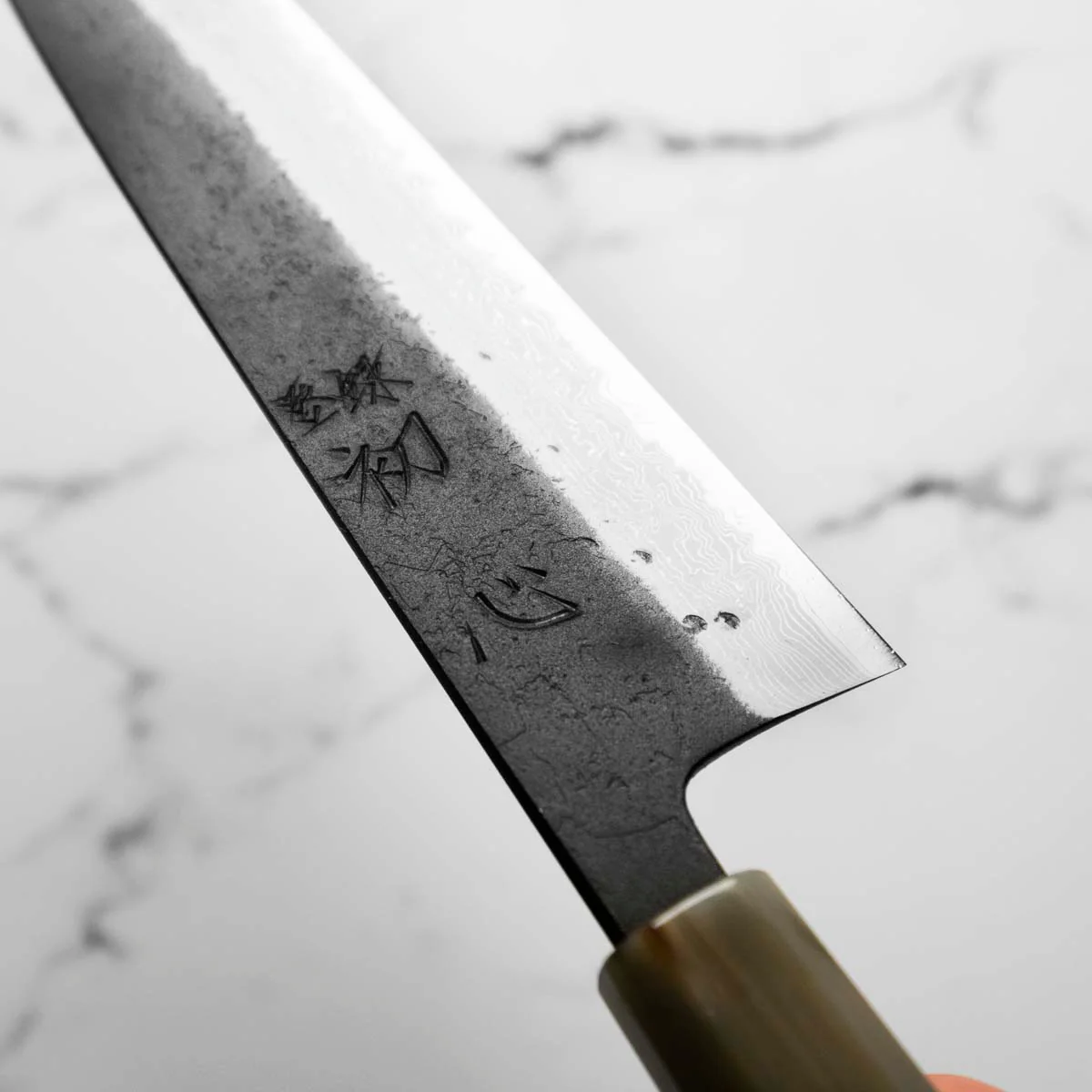 Hatsukokoro Shinkiro Blue Super Damascus Kurouchi Gyuto 210mm - Quince - Image 9