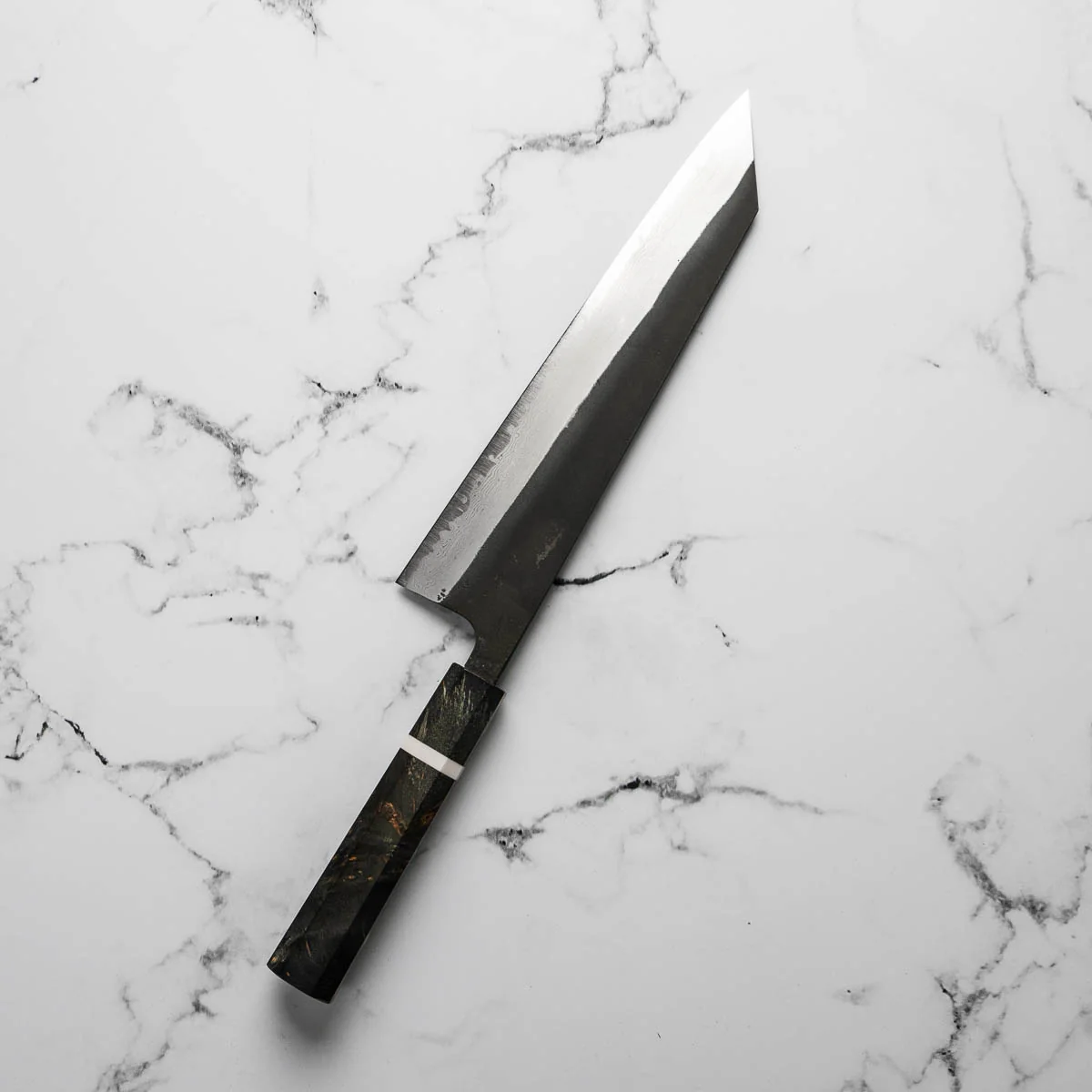 Hatsukokoro Shinkiro Blue Super Damascus Kurouchi Kiritsuke 240mm - Maple - Image 2