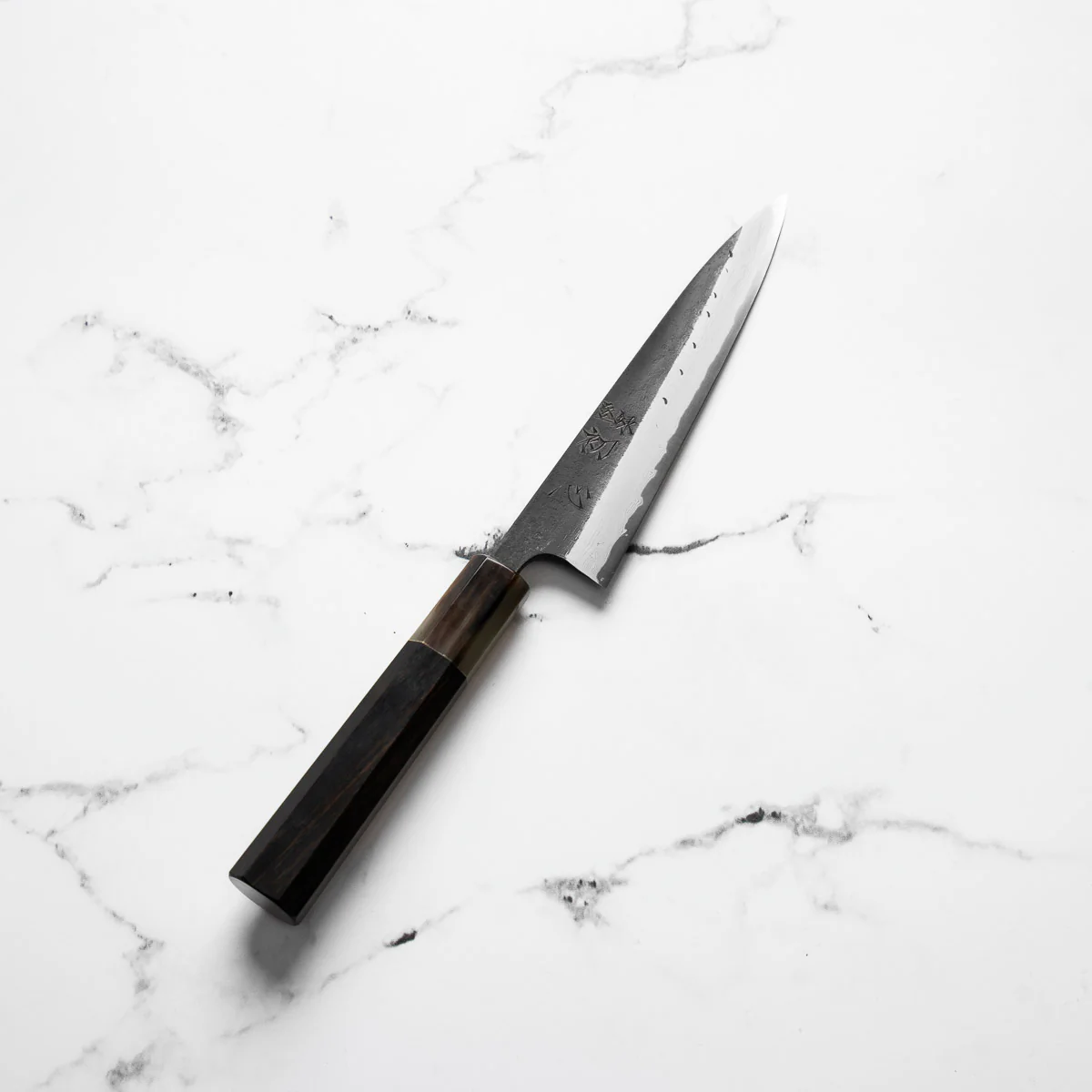 Hatsukokoro Shinkiro Blue Super Damascus Kurouchi Petty 150mm - Ebony & Blonde - Image 2