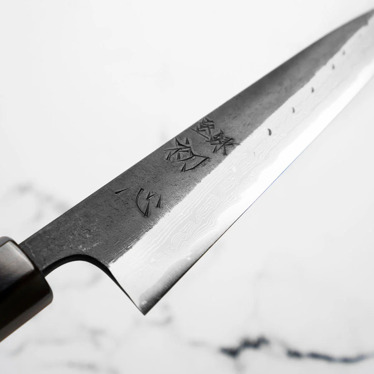 Hatsukokoro Shinkiro Blue Super Damascus Kurouchi Petty 150mm - Ebony & Blonde - Image 4