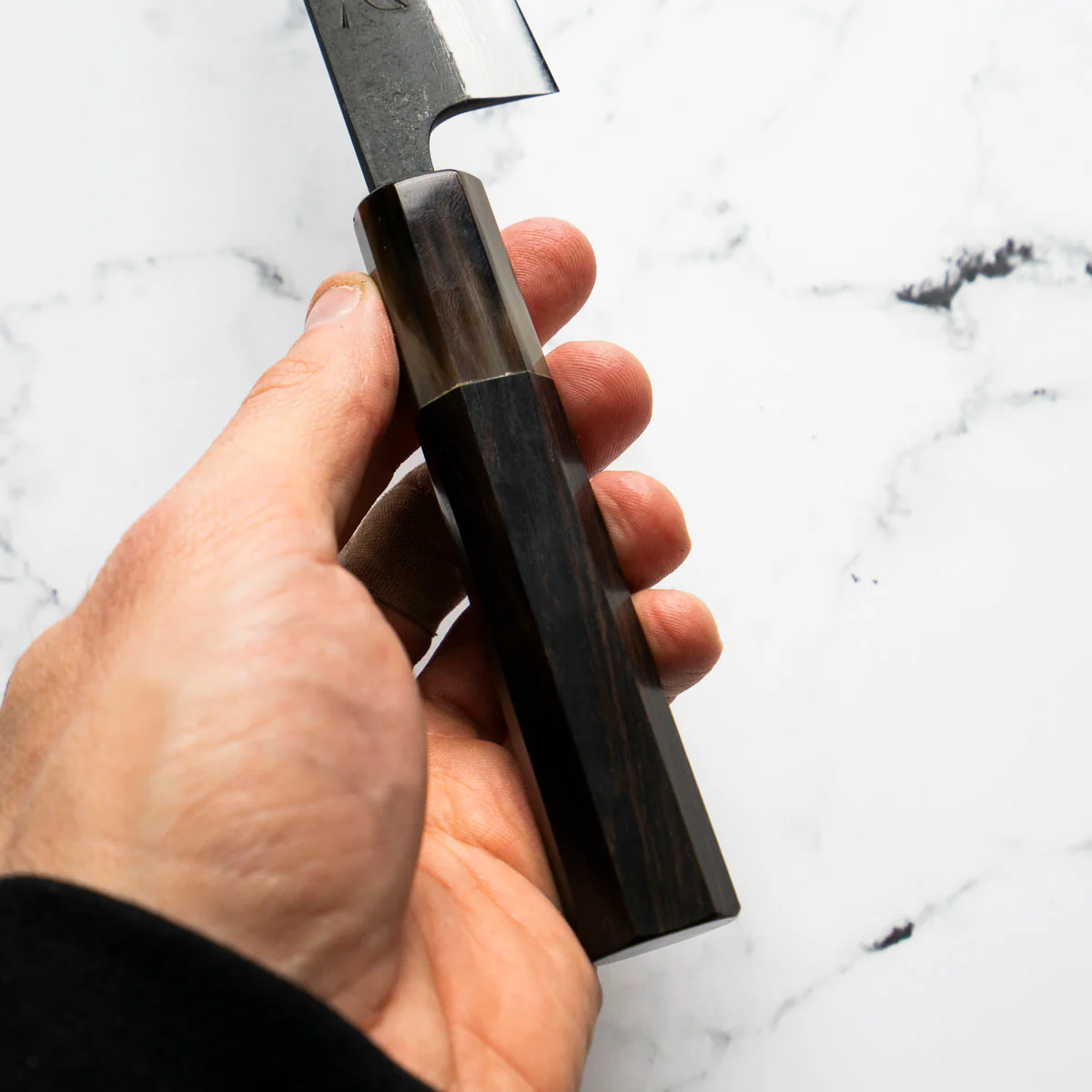 Hatsukokoro Shinkiro Blue Super Damascus Kurouchi Petty 150mm - Ebony & Blonde - Image 7