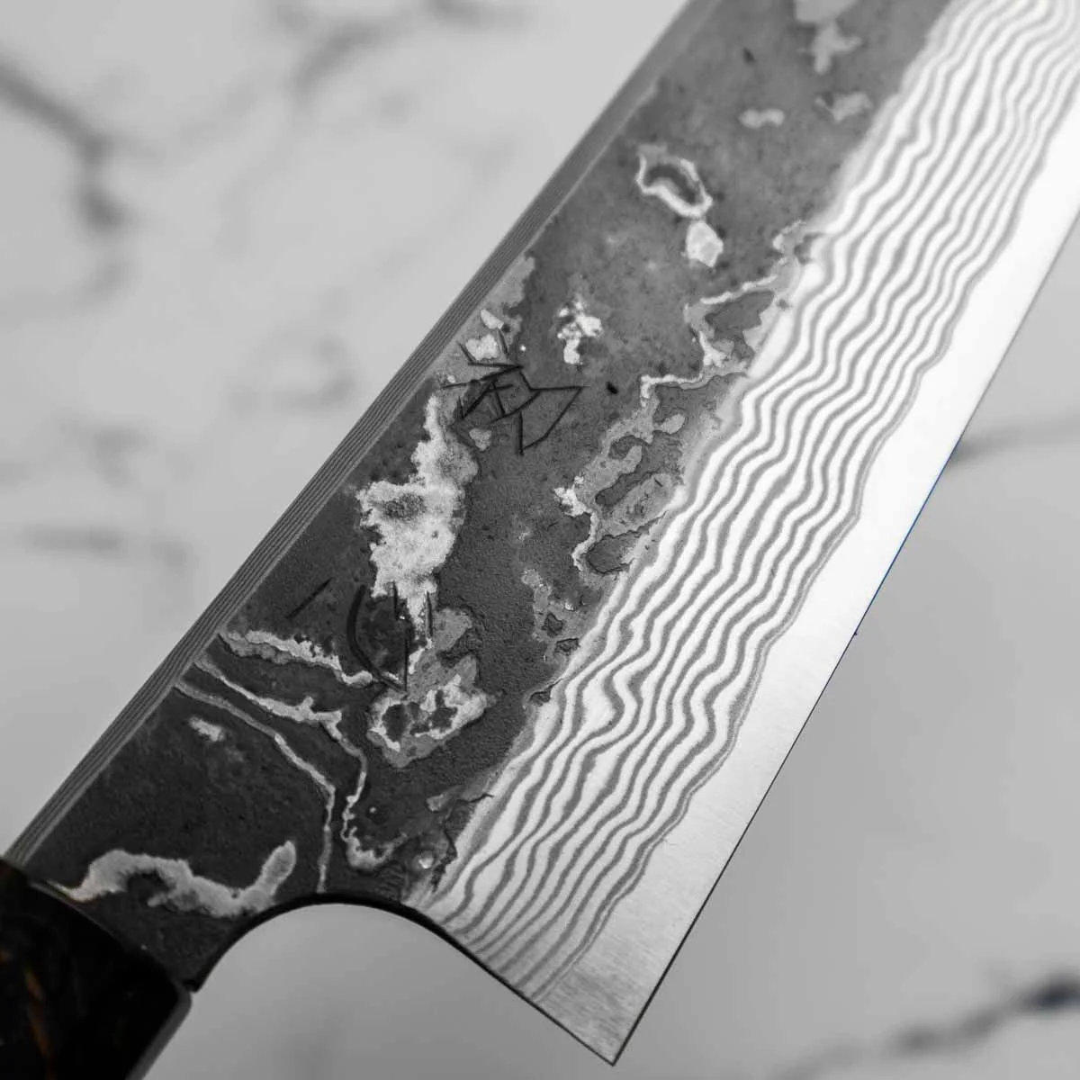 Hatsukokoro SLD Kurouchi Damascus Kiritsuke Gyuto 210 - Maple Turquoise - Image 5