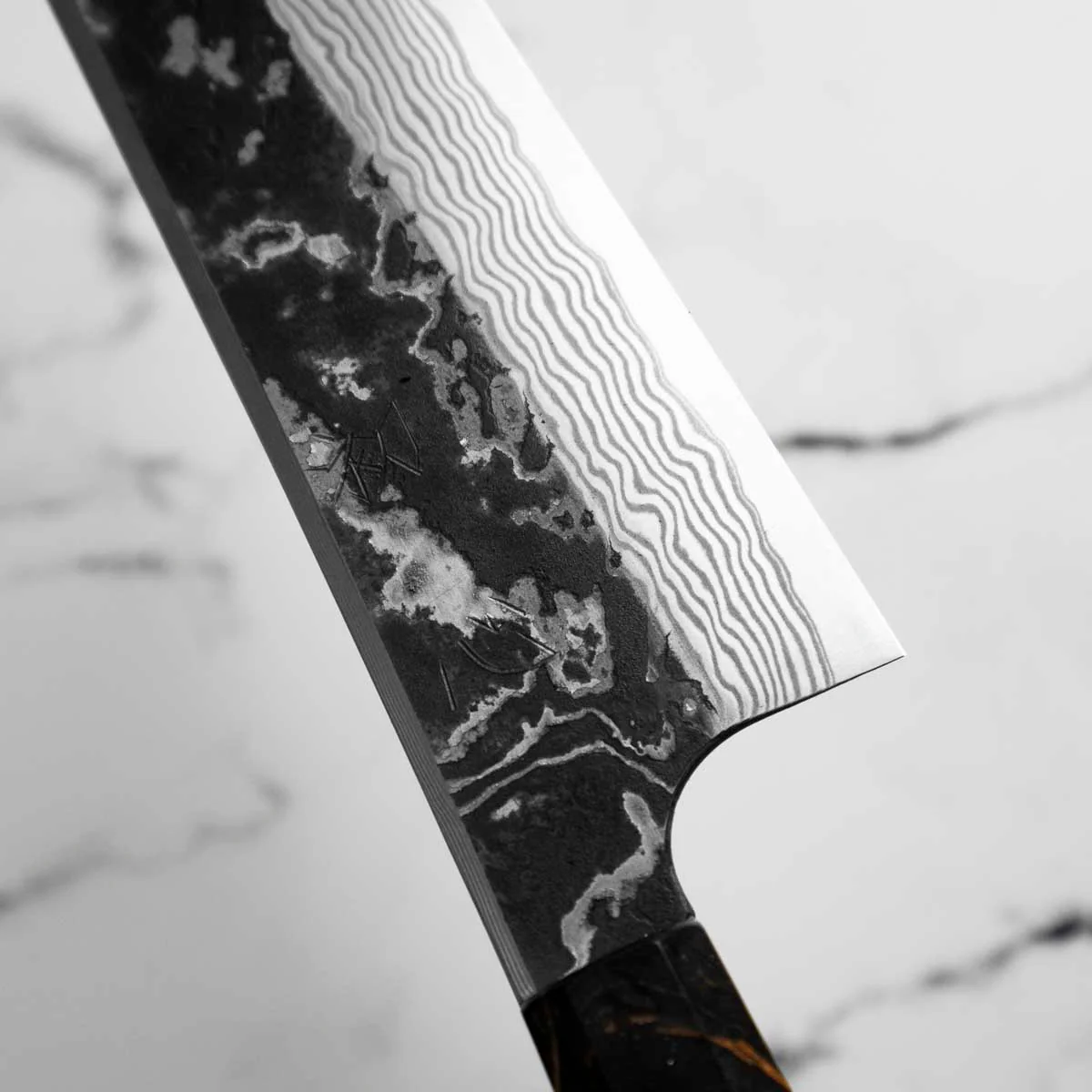 Hatsukokoro SLD Kurouchi Damascus Kiritsuke Gyuto 210 - Maple Turquoise - Image 6