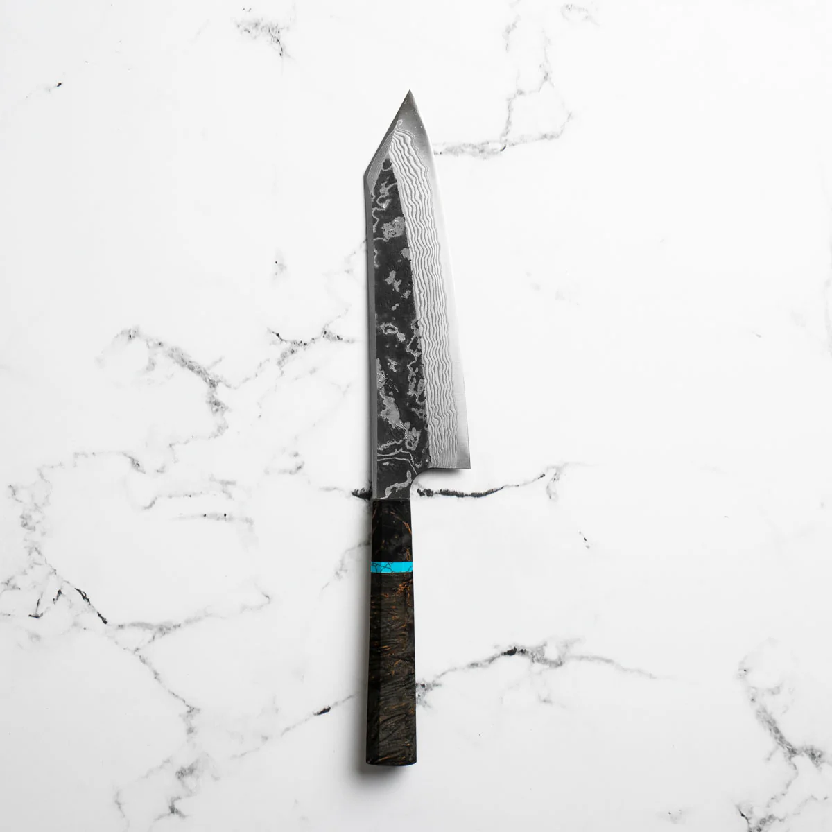 Hatsukokoro SLD Kurouchi Damascus Kiritsuke Gyuto 210 - Maple Turquoise - Image 9