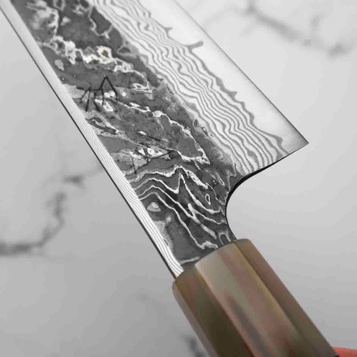 Hatsukokoro SLD Kurouchi Damascus Kiritsuke Gyuto 240 - Ebony & Blonde - Image 5