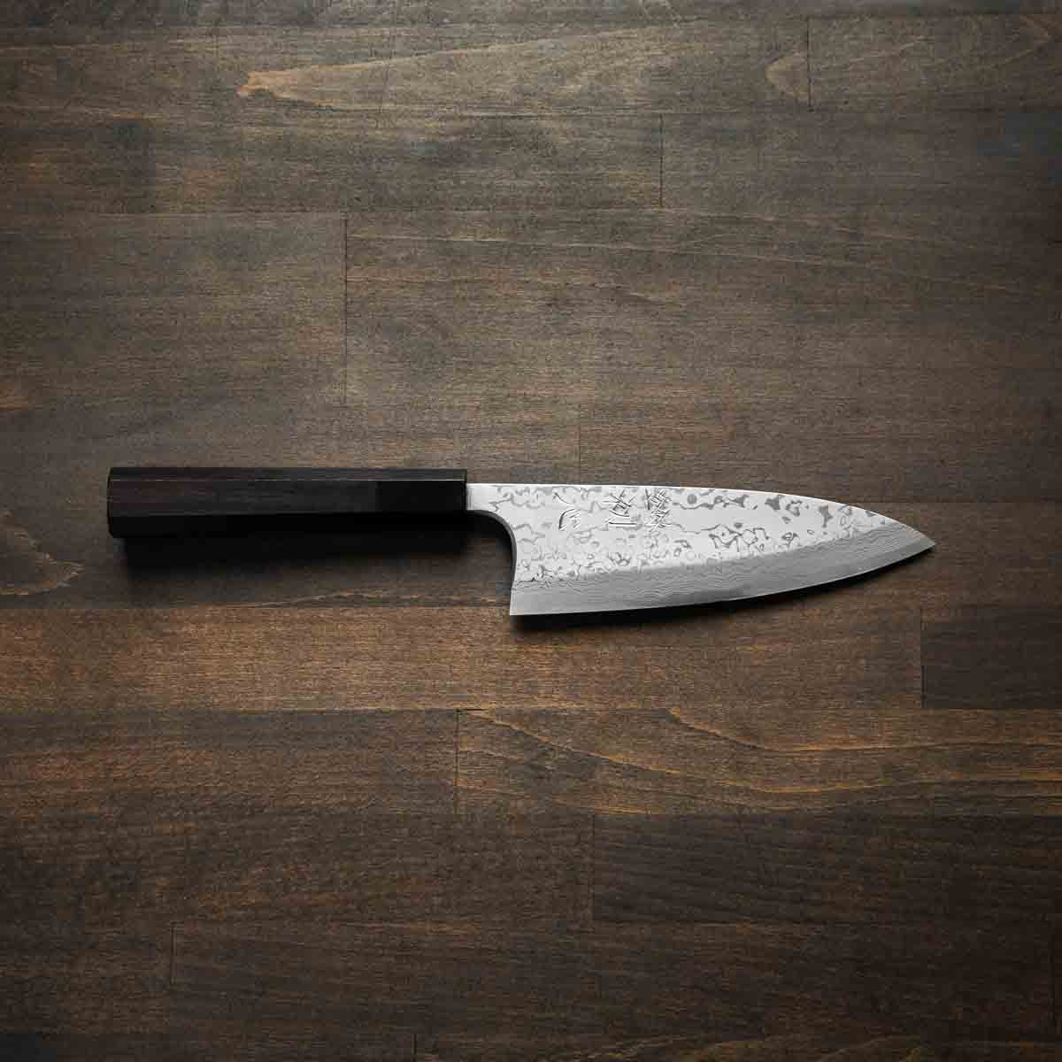 Hatsukokoro Yauji Blue 2 Damascus Deba 165mm - Ebony - Image 4